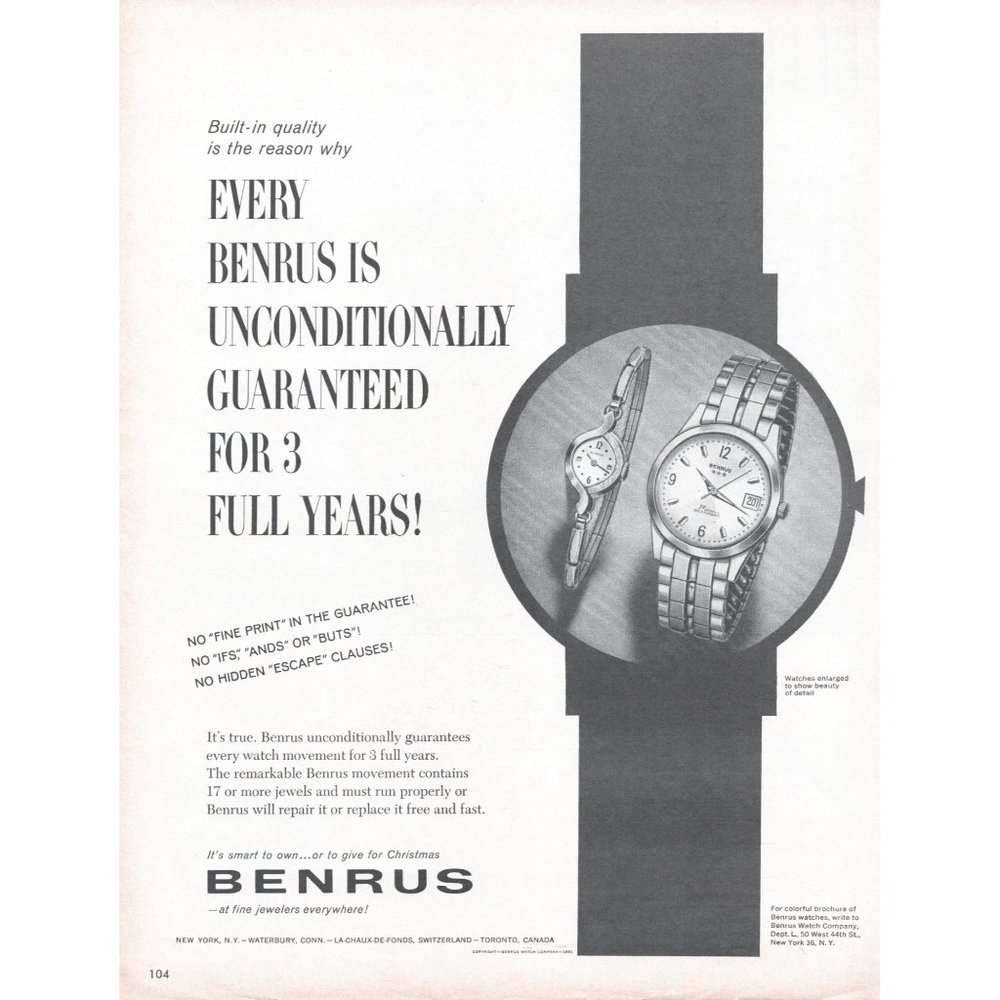 1961 Benrus Self Winding Watch Vintage Print Ad Wall Art 10x13 Photo 60s